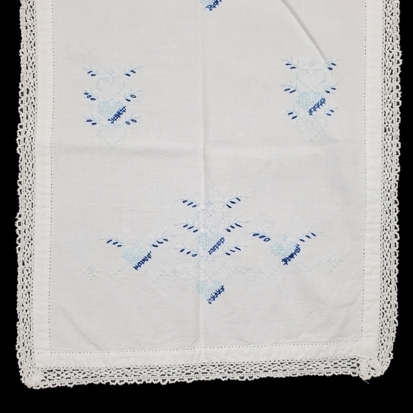 Embroidered Table Runner Dresser Scarf Heart Crochet Lace Blue White Vintage 36" - Picture 1 of 9